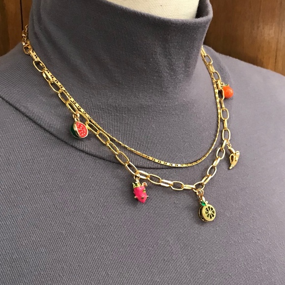 "Fruit Stand" Handmade 2-Layer Gold Charm Necklace with Tropical Fruit Charms - Picture 9 of 15